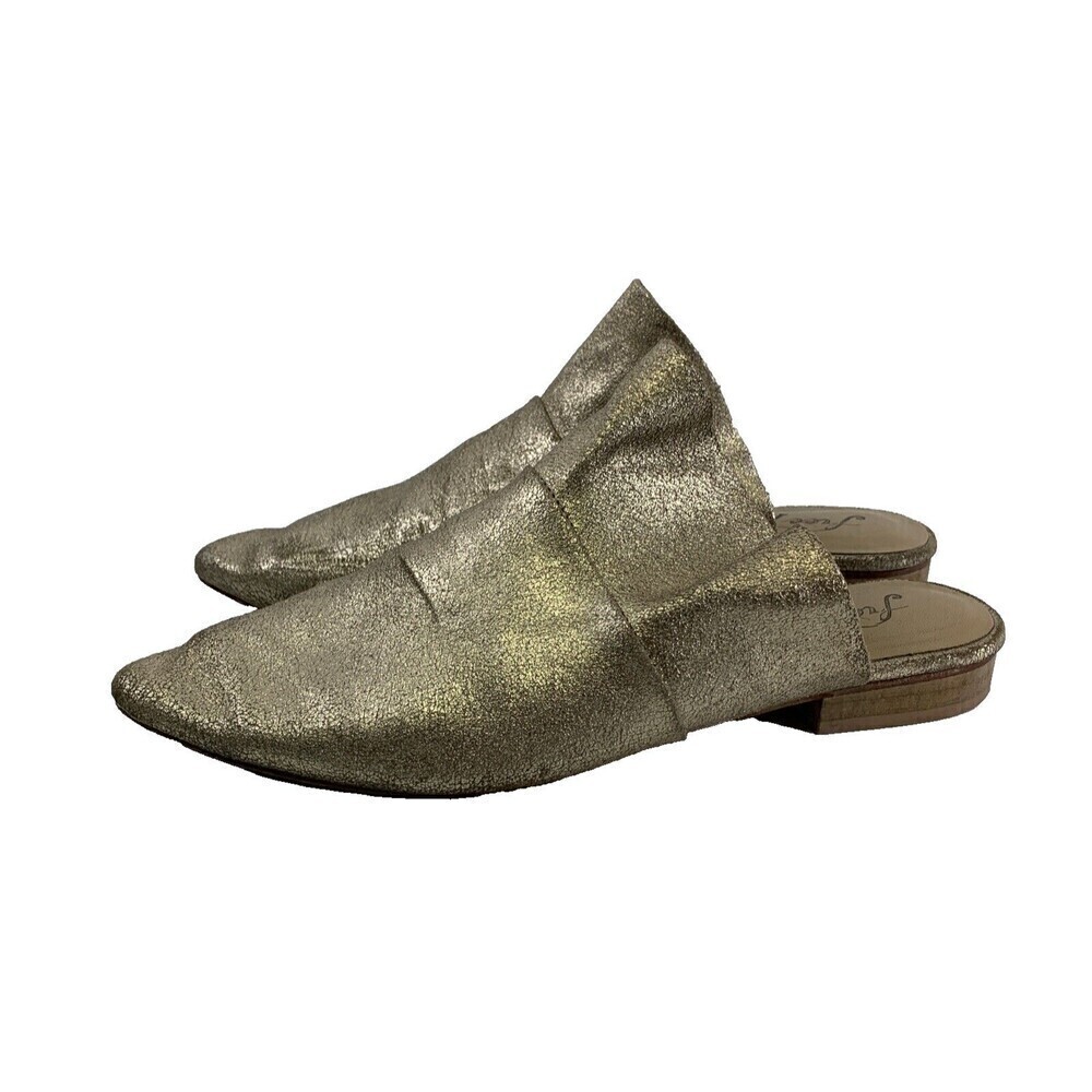 Free People Sienna SlipOn Mule Ruffle Gold Shimmer Leather Pointed Toe 39.5 US 9